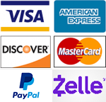 We accept Visa, American Express, Discover, Master Card, PayPal and Zelle